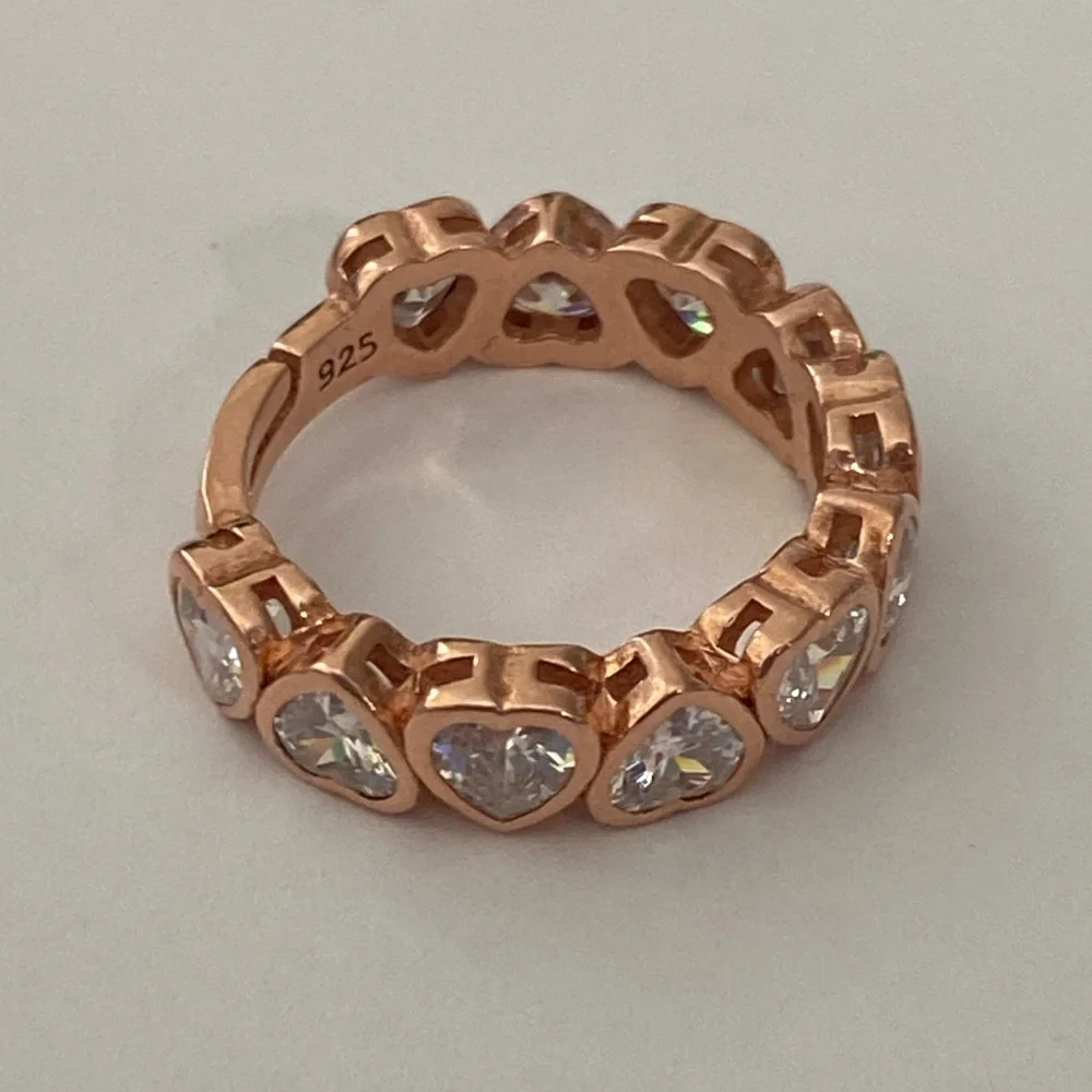 925 silver heart ring 5.5 band size adjustable cz stones 14k rose gold plated